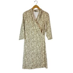 J. McLaughlin Tan, Animal Print 3/4 Sleeve Stretch Wrap Dress Catalina Cloth LG